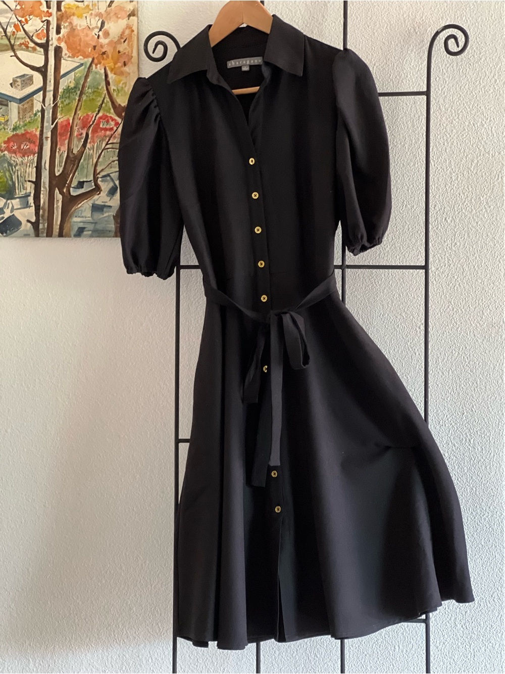 Sharagano Black Midi Shirt Dress with Puff Sleeves, size 4